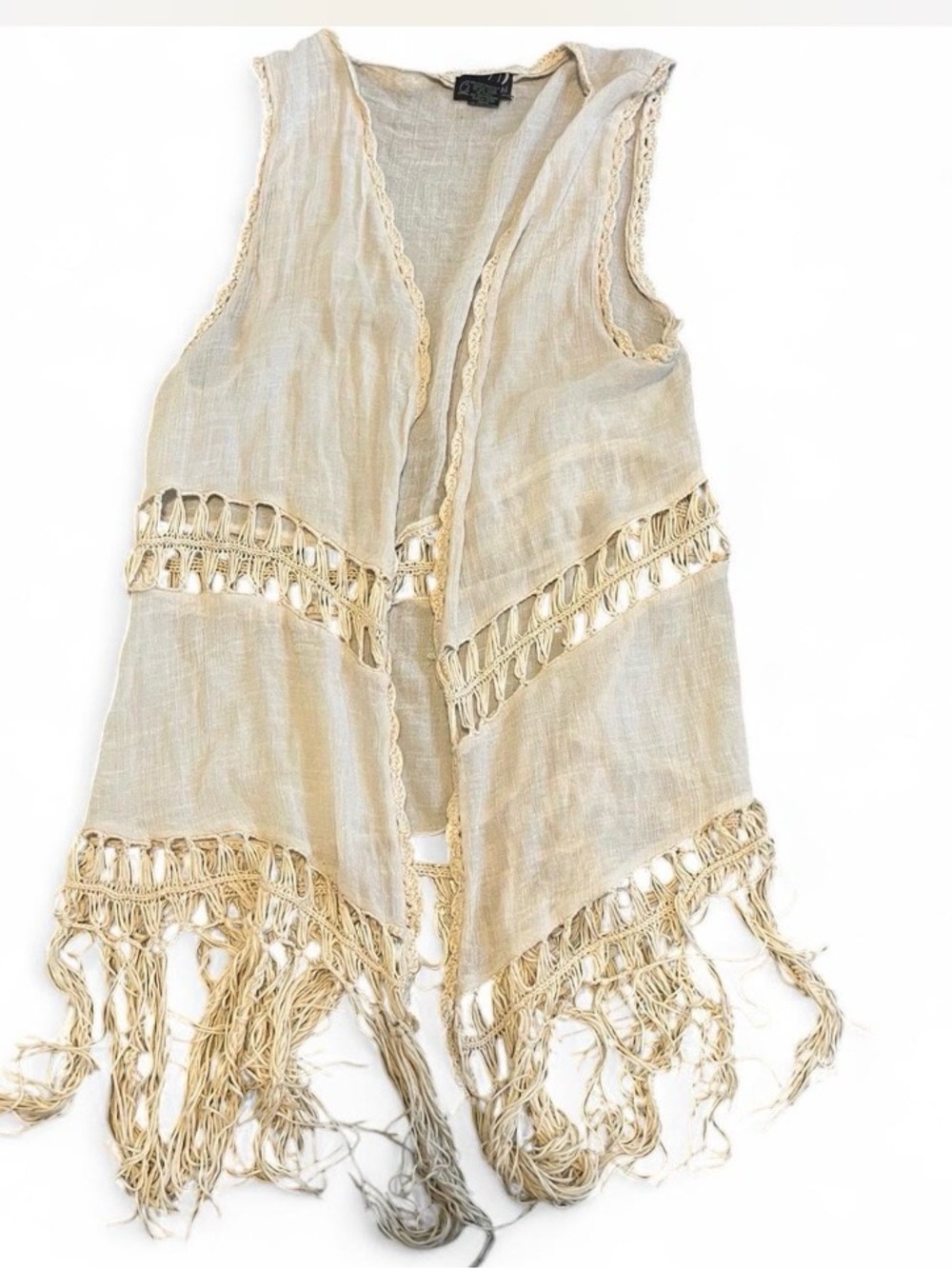 Boho Cream Open-Front Fringe Vest